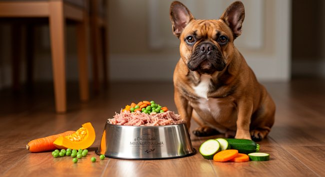 Bulldog francês ao lado de um pote de comida natural, com legumes frescos ao redor, ilustrando a importância da alimentação natural para cães com alergias alimentares.